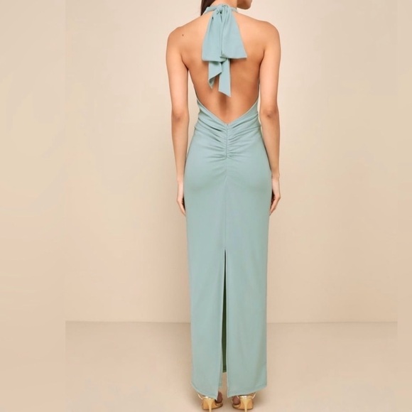 NWT-Celebratory Love Sage Green Mesh Ruched Halter Dress - Picture 4 of 13